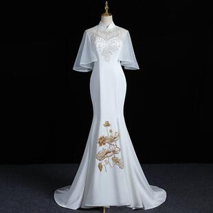 高档礼中式典雅白尾晚演服长t台表服装鱼尾修身中袖度派对年礼服