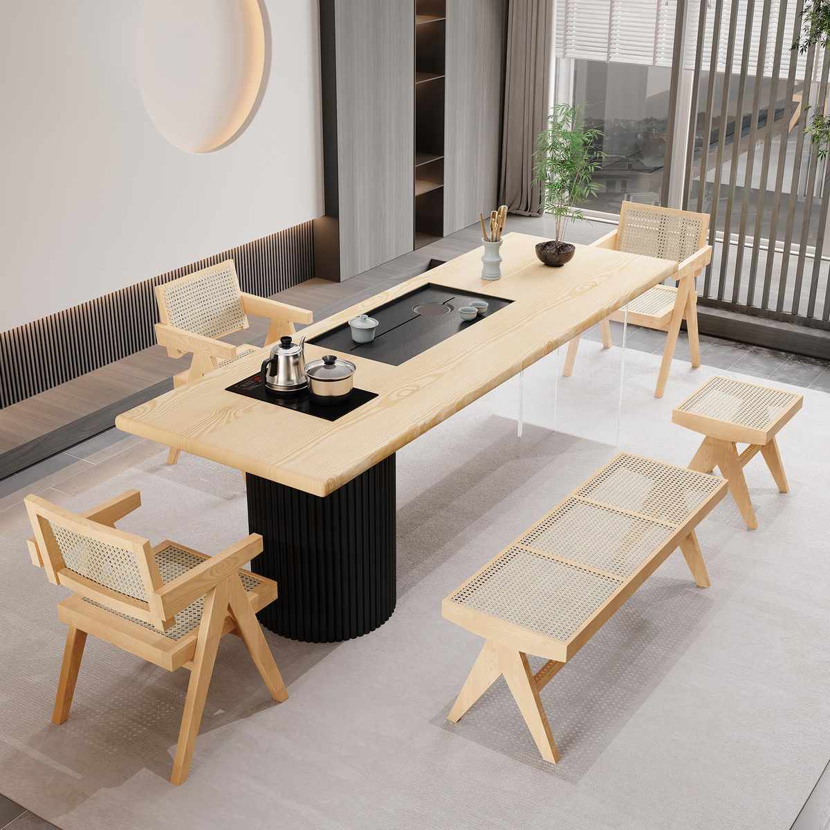 实木茶桌黑色简约现代碳化大板茶台客厅办公接待泡茶桌原木茶桌椅