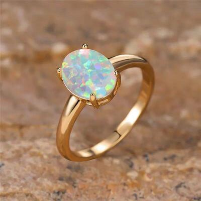 Big Oval Stone Engagement Ring White Fire Opal Egg Rings For