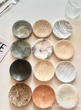 法式复古轻奢风天然大理石圆形小托盘侘寂风卧室创意收拾收纳盒