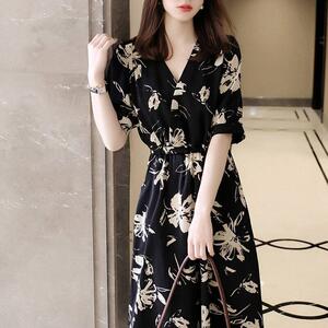 欧洲站2025夏装新款气质碎花收腰长裙轻熟有女人味的高级感连衣裙