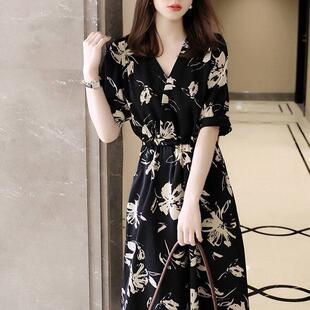 欧洲站2025夏装新款气质碎花收腰长裙轻熟有女人味的高级感连衣裙