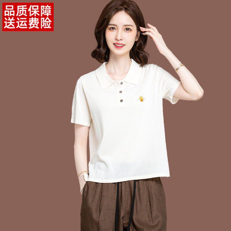 翻领短袖t恤女士夏季新款刺绣高级感上衣薄款宽松冰丝针织Polo衫