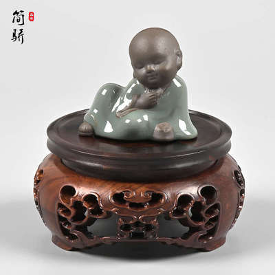 红酸枝花瓶旋转摆件底座实木青花瓷花瓶古董文玩圆形葫芦酒瓶托架