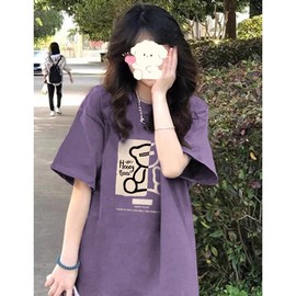 设计感小众紫色正肩纯棉短袖T恤女夏港味chic宽松大码半袖上衣服