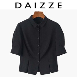 daizze~2023夏季翻领，抽褶中袖高端短款衬衫，t恤女上衣短袖体恤