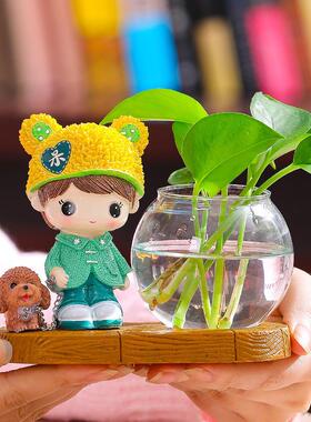 摆件装饰办公室树脂工艺品小摆件绿萝花瓶插花花器透明玻璃瓶新款