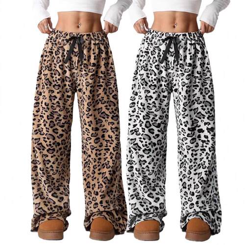 Women's Leopard Print Bow Decor Wide Leg Pants