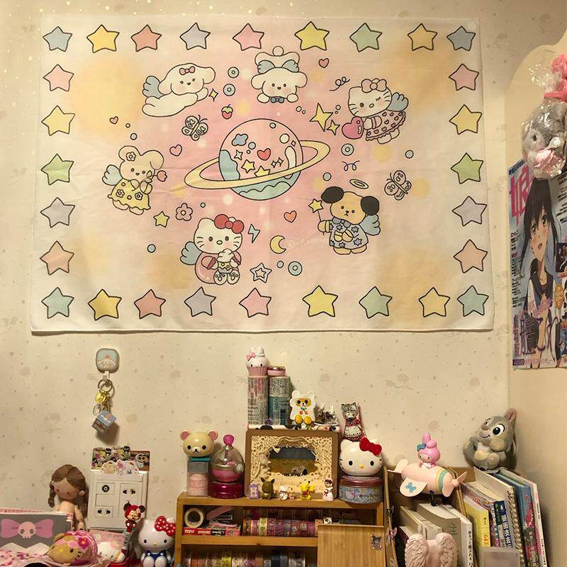 少女风背景布宿舍电脑桌挂布卡通墙布房间可爱装饰画卧室挂毯