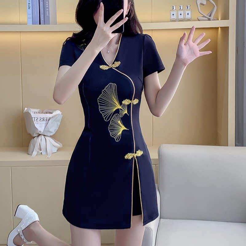 2025新中式女装旗袍美容院足浴店工衣短袖套装技师工作服+短裤
