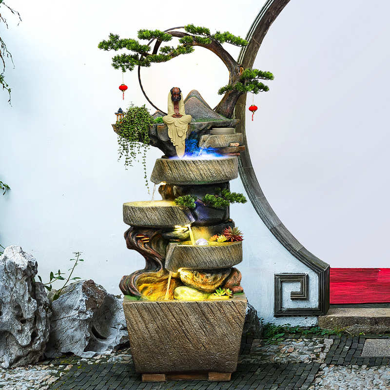 加湿器阳台中式造景摆件鱼池石臼根雕观假山招财田园喷泉流水禅意