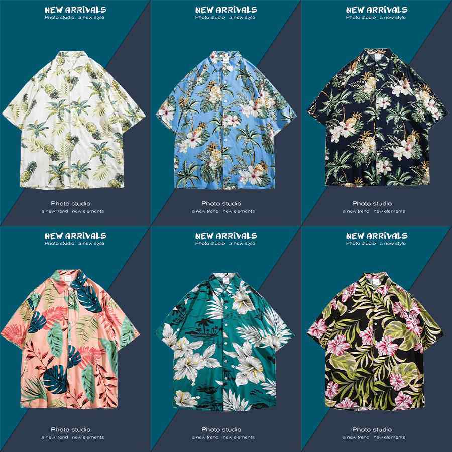 泰国海边度假薄款花衬衫男夏威夷风衬衣潮牌夏季宽松短袖上衣外套