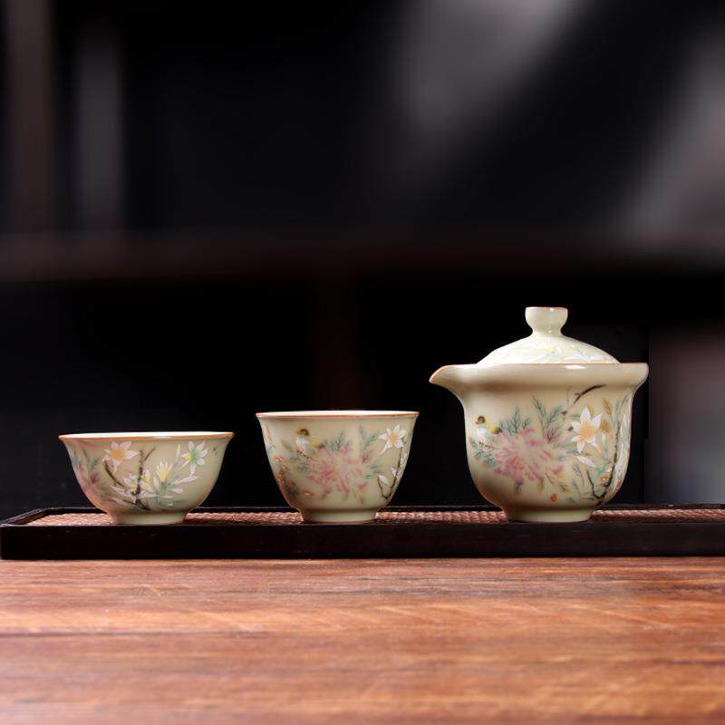 秘黄汝窑山茶花手抓壶功夫旅行茶具快客杯汝瓷小套装便携包便携式