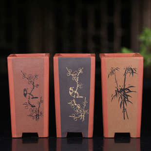 紫砂花盆精品签筒悬崖文竹老庄兰花盆刻绘古红泥园艺桌面绿植