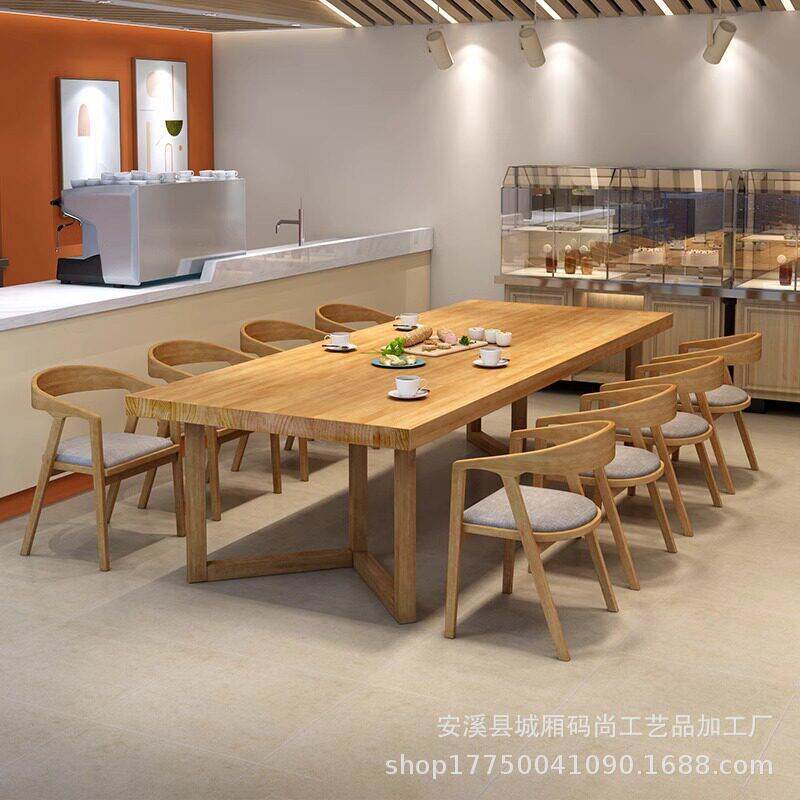 全实木长条大桌子商用食堂饭店餐桌椅组合餐厅面包店图书馆咖啡桌