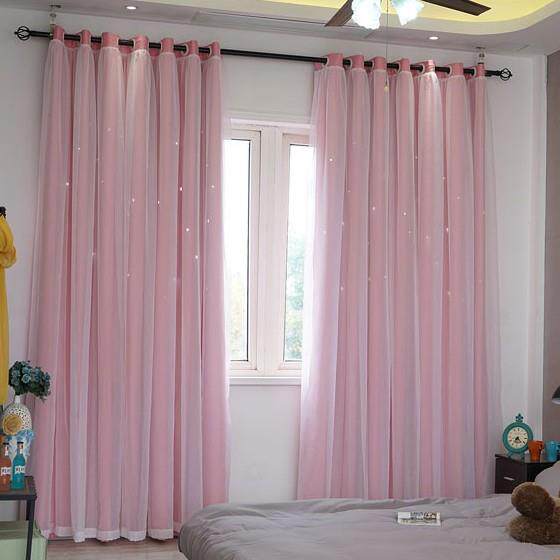 星空帘公主风遮光窗成品飘窗卧室镂空星星双层一体窗帘星空风窗帘