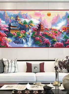 十字绣洪福齐天2024新款线绣客厅办公室新中式风景山水画手工48色