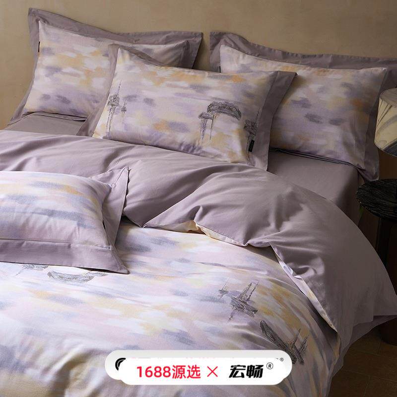 秋冬新款60支全棉纯棉磨毛印花四件套油画风宽边款被套保暖套件