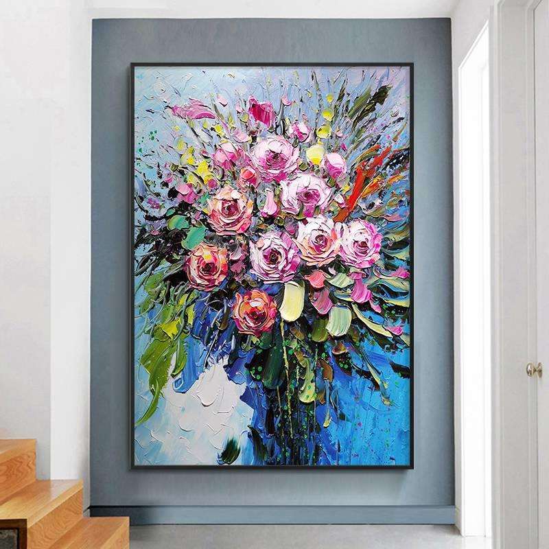 纯手绘油画玄关装饰画现代简约挂画花卉立体玫瑰花壁画入户走廊画