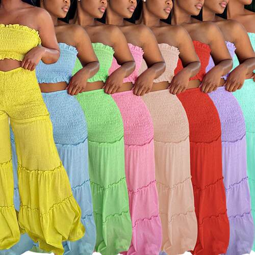 Women's Frill Trim Shirred Flare Leg Pants Coordinate Set