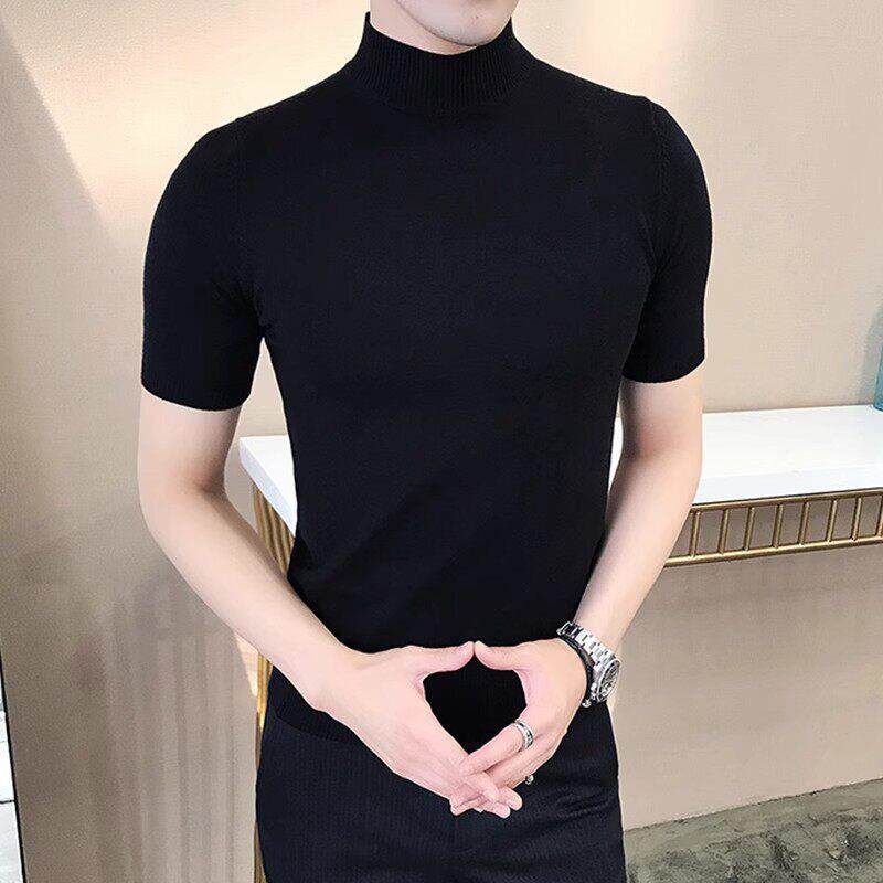 高端男士毛衣半高领春秋新款短袖针织衫男紧身中领线衣修身打底衫