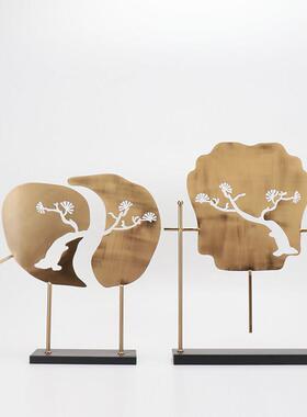 新中式金属迎客松扇子摆件样板房软装摆设博古架客厅玄关装饰品