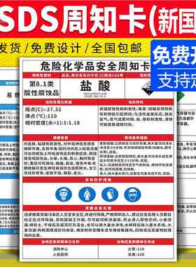危险化学品安全周知卡msds危化品标识牌标签职业危害告知卡卫生仓库车间硫酸盐酸油漆苯危险品警示提标志贴纸