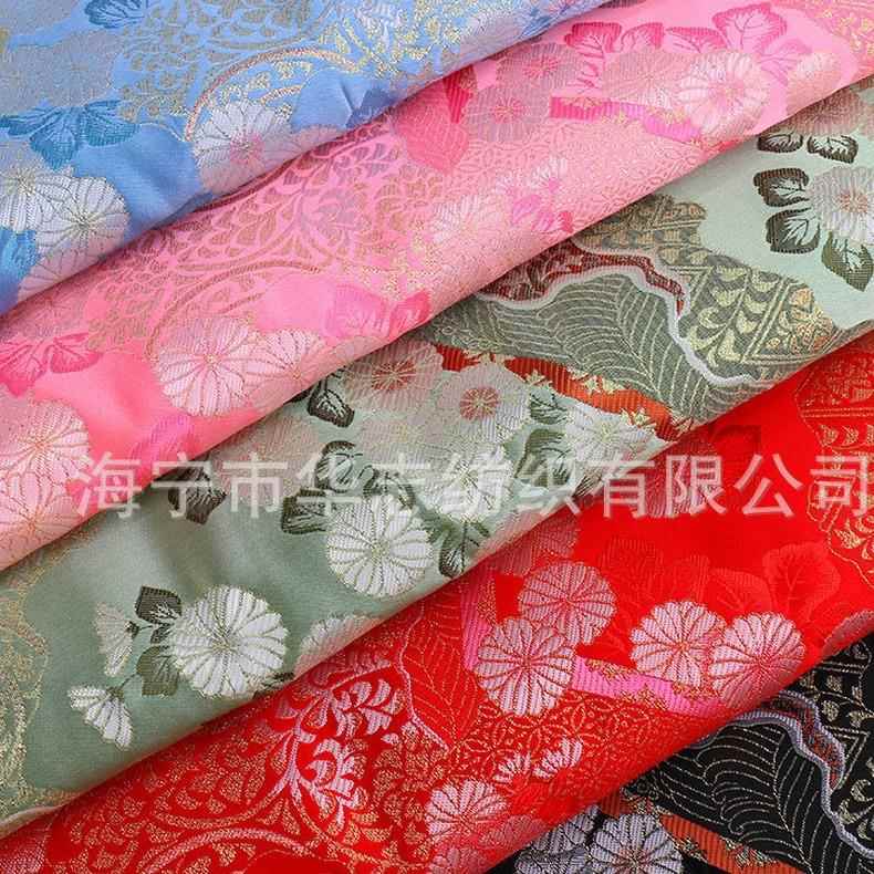 新款直销华志纺织复古日式小花红色蒙古袍扎染演出服抽象印花织锦