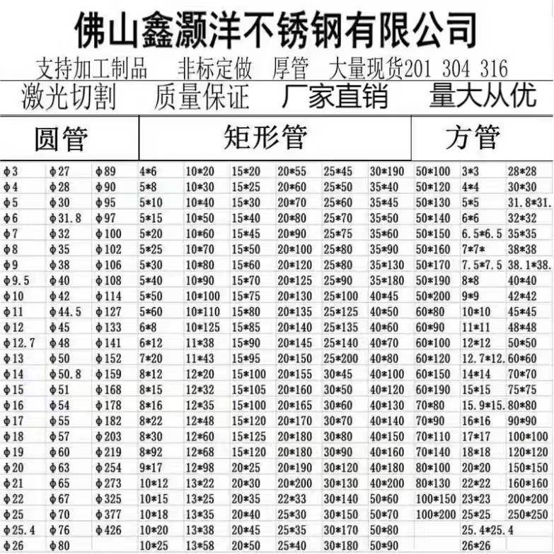201 304 316 不锈钢管方管圆管矩形管大管特厚管加工焊接激光切割