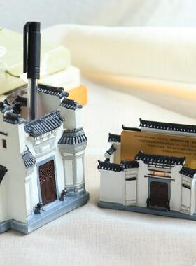 中式覆古国潮徽派建筑笔筒名片夹模型创意礼品生日办公室桌面摆件