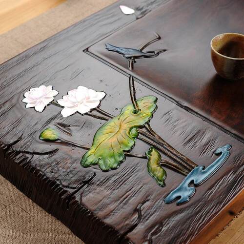 手绘茶盘黑木木实原木块茶荷塘月色道茶具功夫家用客厅檀茶海整彩