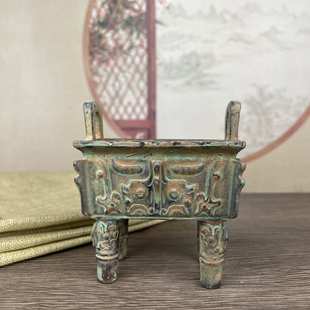 仿古青铜器老包浆四方兽鼎 复古文玩收藏四方香炉香薰鼎书房摆件