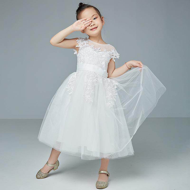 欧美儿童婚纱礼服夏表演生日女童双肩蕾丝网纱公主蓬蓬短裙小公主