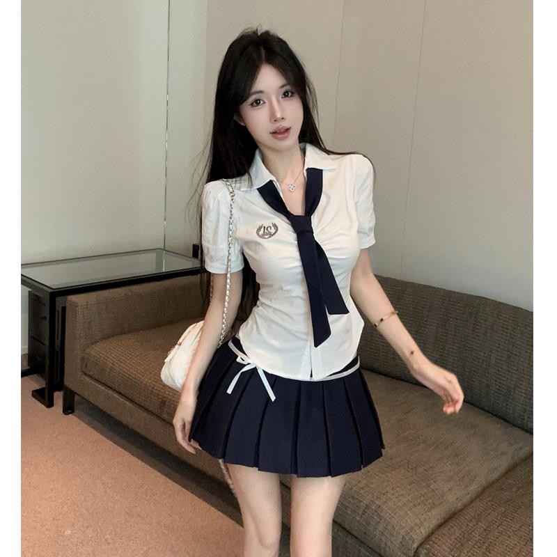 制服套装女足浴技师工作服性感五分袖掐腰领白色衬衫百褶裙