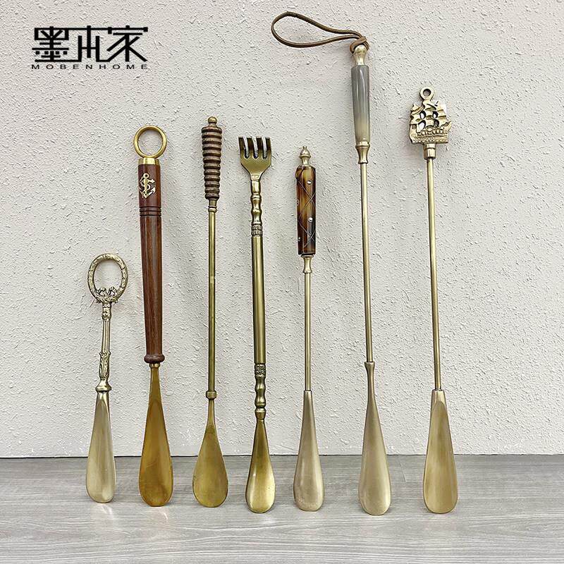 印度进口黄铜鞋拔子长柄家用玄关可悬挂提鞋器摆件覆古鞋抽鞋拔子
