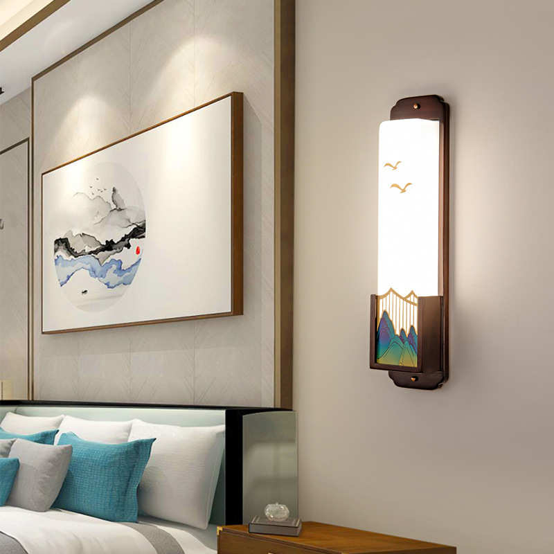 床头灯铜新中式壁灯国风卧室实木灯具装饰电视客厅中背景墙书房全