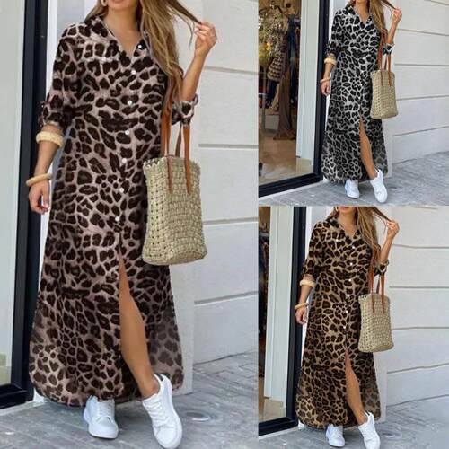 Leopard Print Button Front Flap Pocket Shirt Fabric Dress