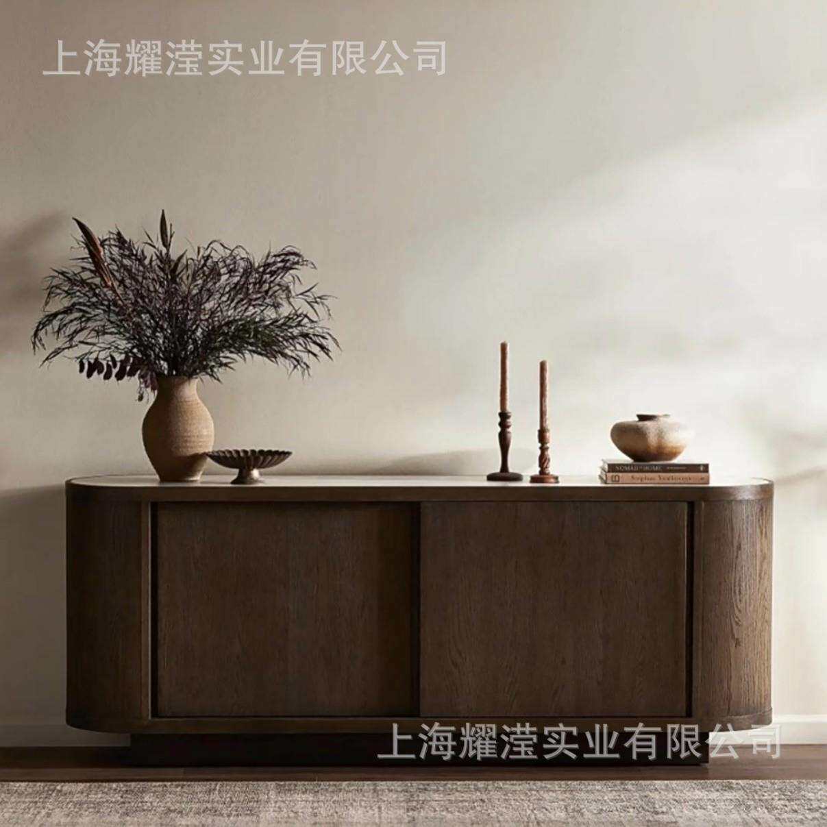 美式复古圆弧形实木餐边柜大理石收纳边柜小户型客厅推拉门电视柜
