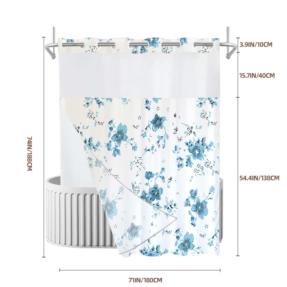 双层大环数码印花防水浴帘小碎花浴室帘免打孔套装来图定制