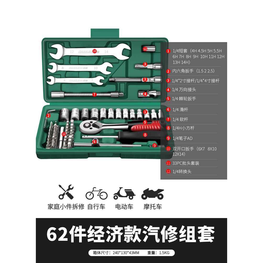 正品绿林汽修工具套装棘轮快速套筒扳手套管车能万修车摩托汽托图片
