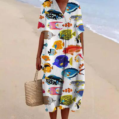 Shirt Dress Women's Marine Biology Printed Sleeve Long