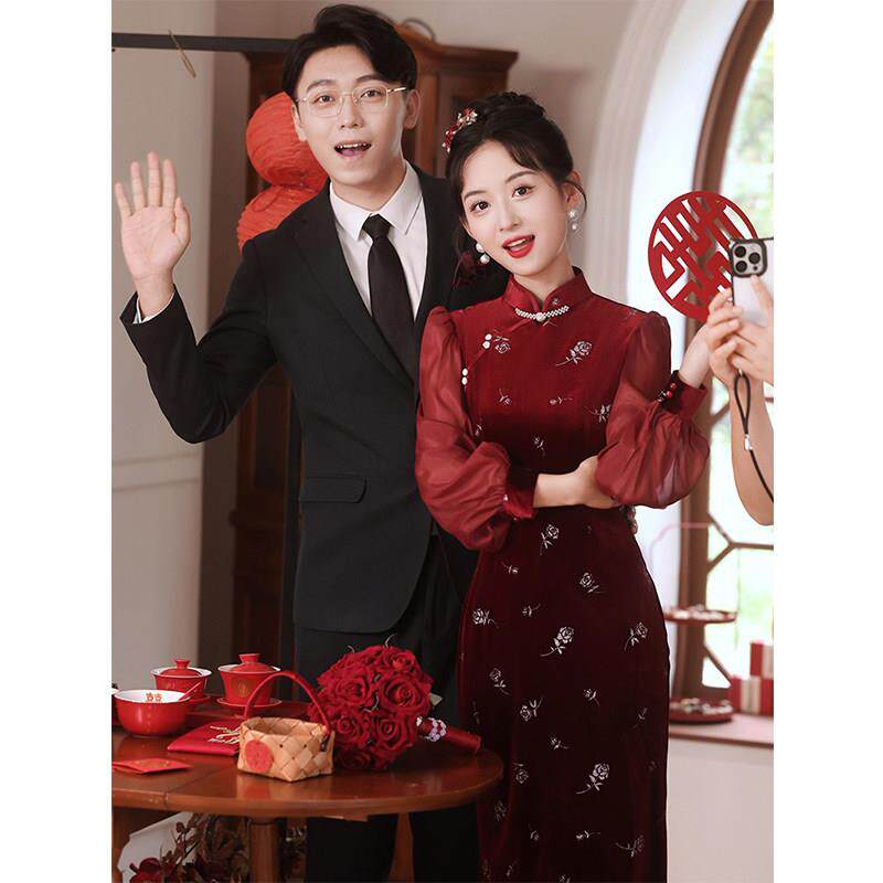 Ocnltiy酒红色丝绒长袖敬酒服旗袍新娘气质高级感小个子订婚礼服