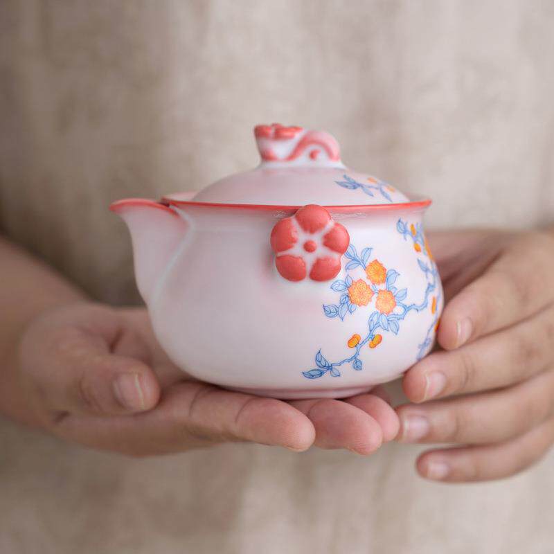 猪油冻粉汝手抓壶粉色盖碗女士茶具杯防烫泡茶碗茶壶梅花耳壶