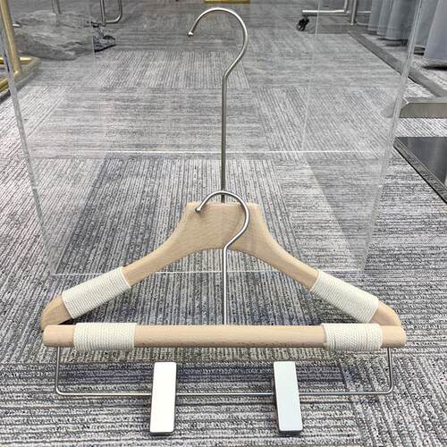 服装店衣架榉木绑麻绳植绒原木色实木防滑无痕衣撑裤架女装裤夹子
