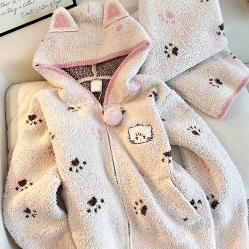 Sin Glee 可爱猫爪半边绒针织睡衣女冬款加绒加厚保暖家居服套装