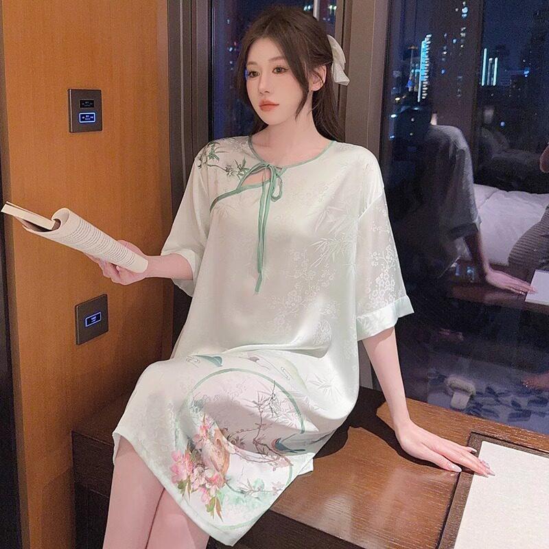 国风新中式冰丝绸睡裙女夏款2025年复古旗袍睡衣裙子可外穿家居服