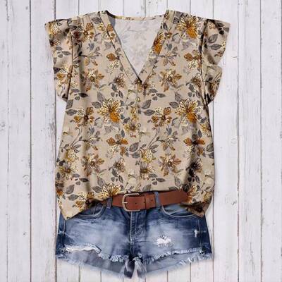 Women Casual Floral Pattern V Neck Shirt Fall spring