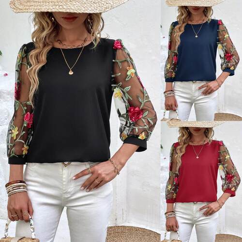 Women's mesh black patchwork top with three quarter