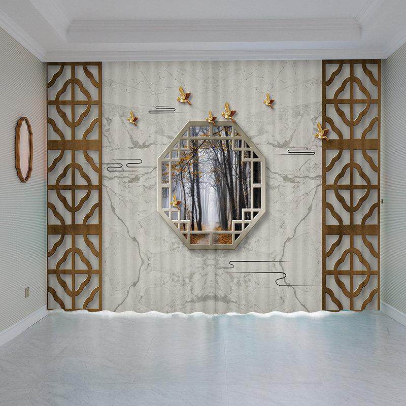 客厅窗帘定制2025年新款中式山水画风景古典水墨画办公室隔断帘