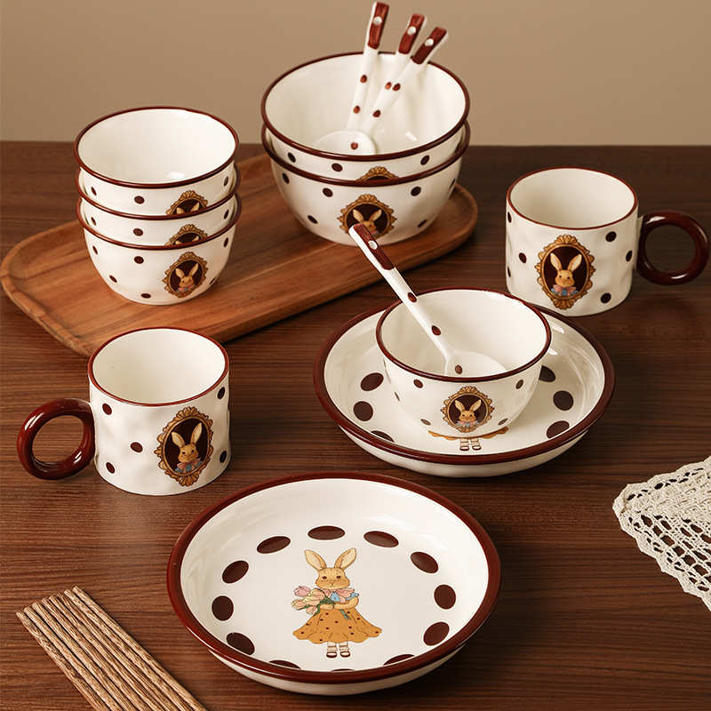 瑞亚兔ins复古风碗筷套装高颜值网红波点陶瓷餐具套装地产伴手礼